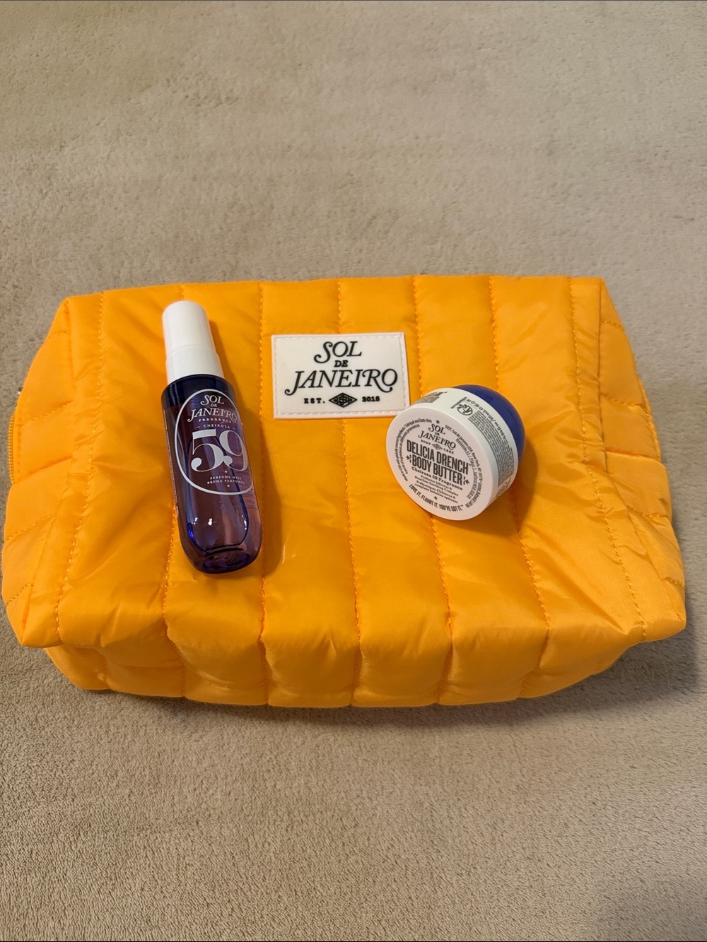 NEW limited edition sol de janeiro quilted cosmetic bag perfume mist body butter